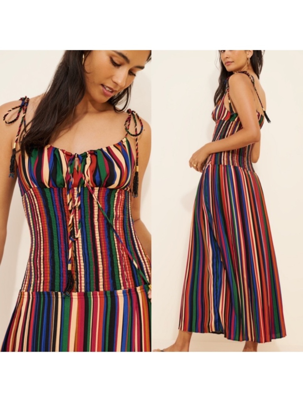 NWT FARM RIO Multicolor Striped Maxi Dress with beaded tassel Tie Straps